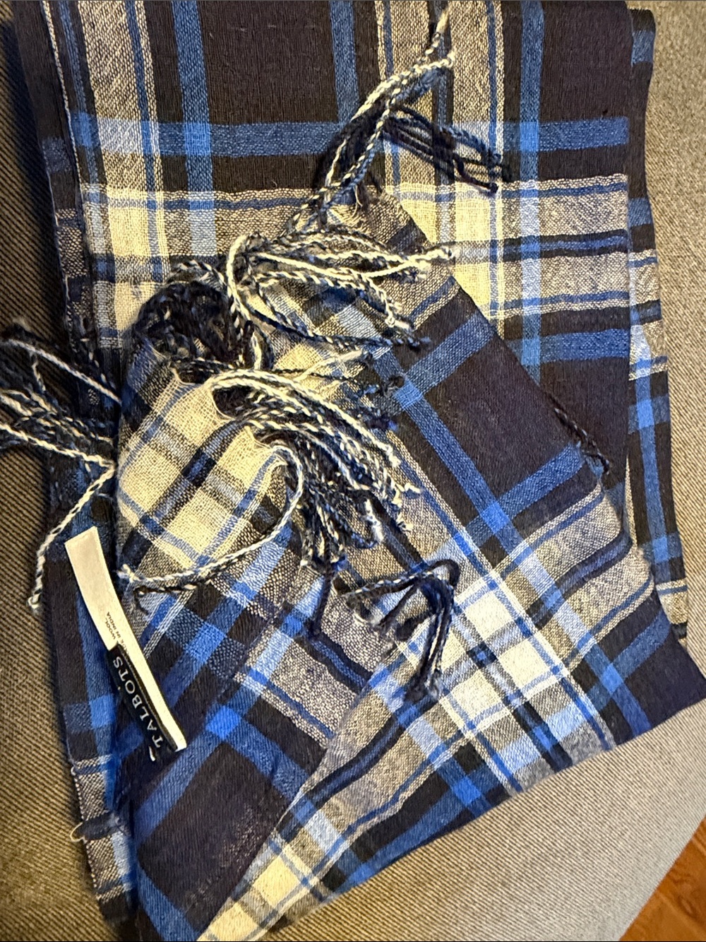 Talbots blue black white plaid wool scarf
